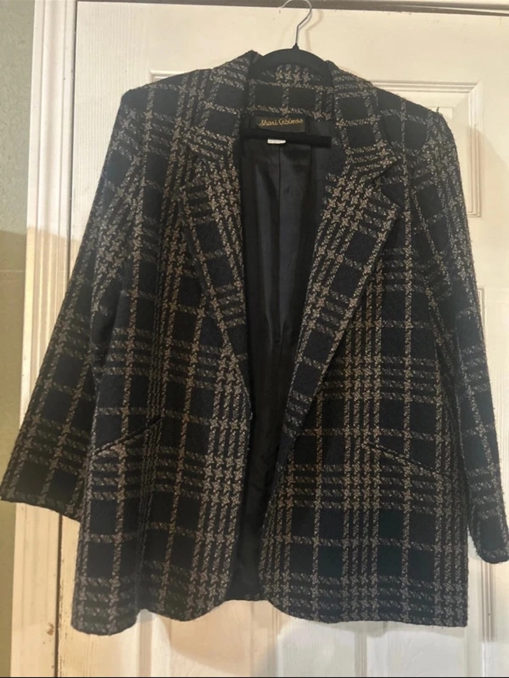VTG Shari Roberts Metallic Brocade Blazer Jacket Black Gold Sz 10 Retro